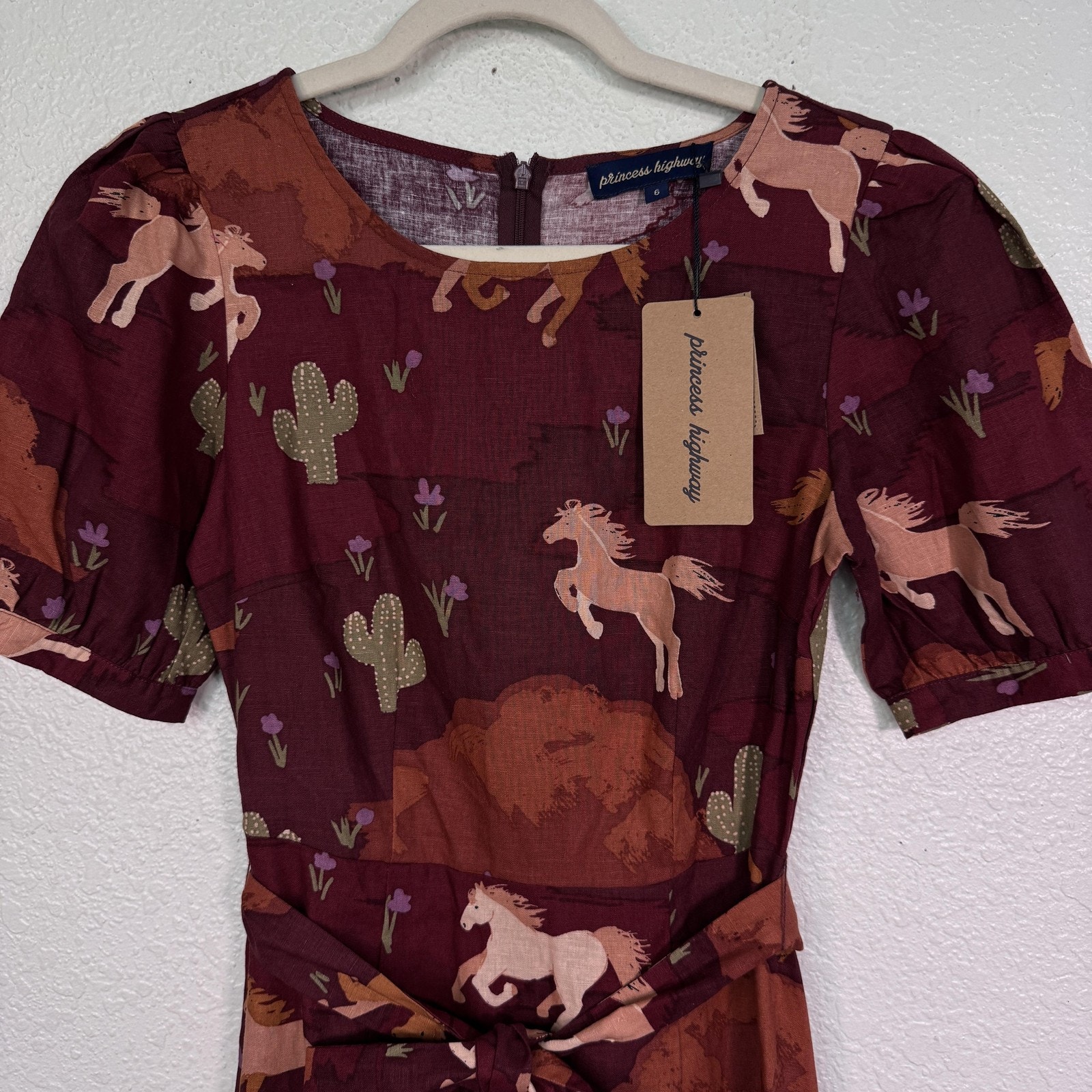 Princess Highway Dress Womens 6 Horse Cactus Western Linen Equestrian Boho New — image 5 of 8